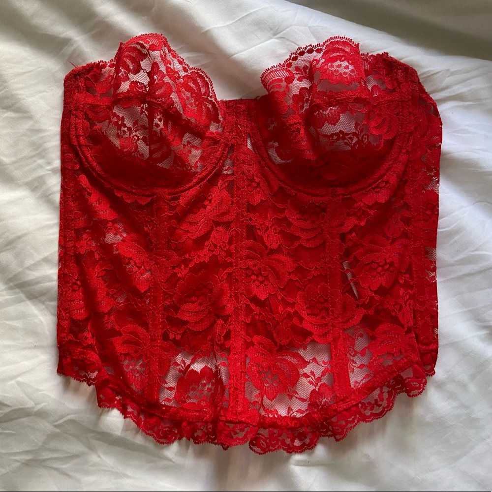 Vintage cherry red lace corset bustier crop top